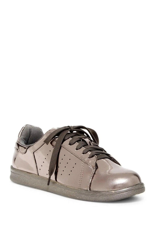 Women's metallic gray patent leather sneakers with black laces and perforated details