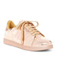 Rose gold metallic women's fashion sneakers with lace-up design and glitter sole