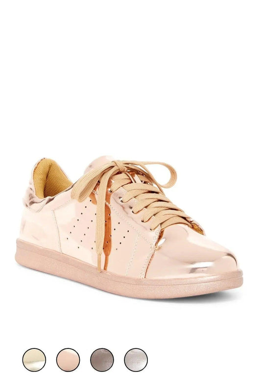 Rose gold metallic women's fashion sneakers with lace-up design and glitter sole