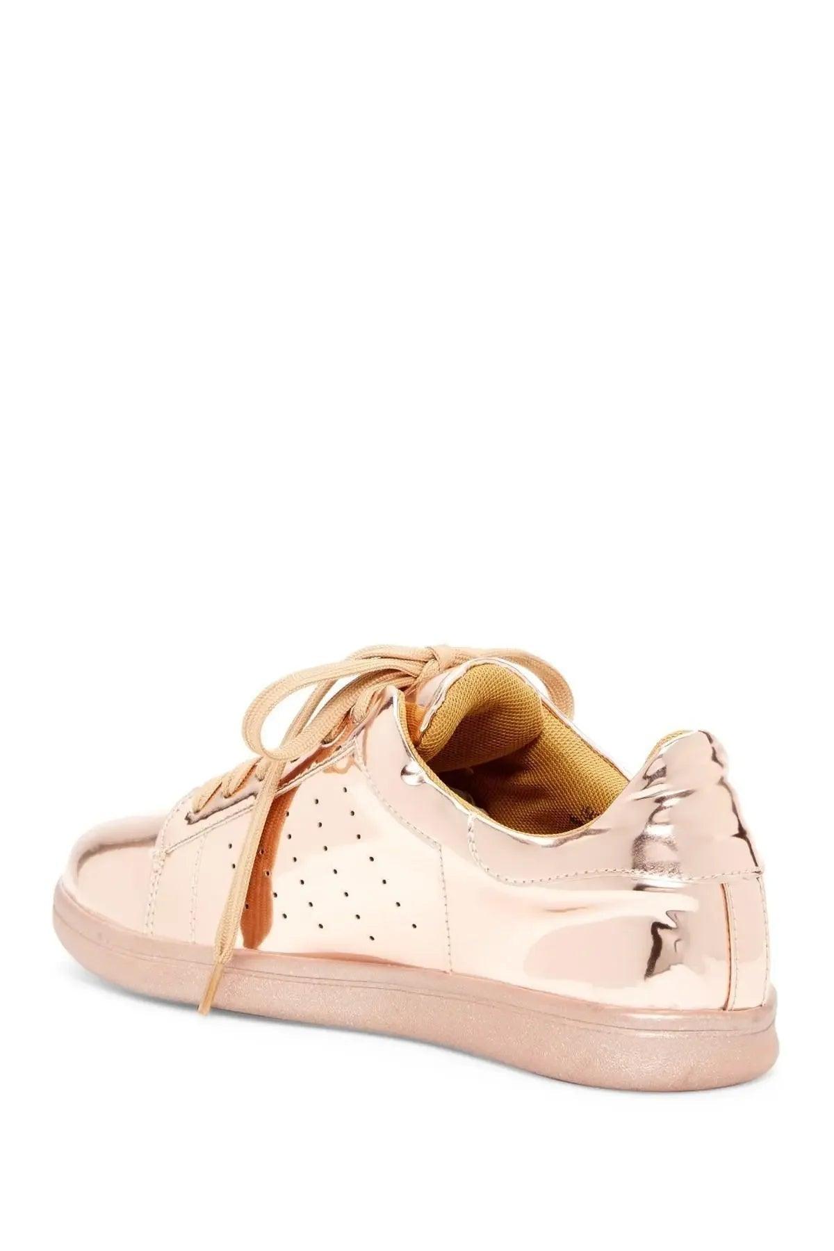 Rose gold metallic women's sneaker with perforated details and matching laces, fashion footwear