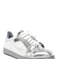 Shiny silver women's fashion sneakers with white laces and perforated detailing