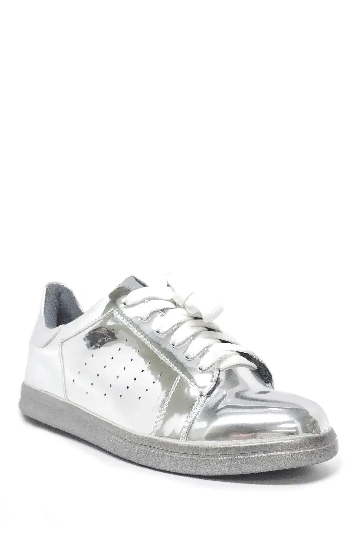 Shiny silver women's fashion sneakers with white laces and perforated detailing