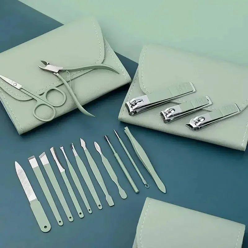 Green manicure set with nail clippers, scissors, and tools in portable cases for beauty and fashion