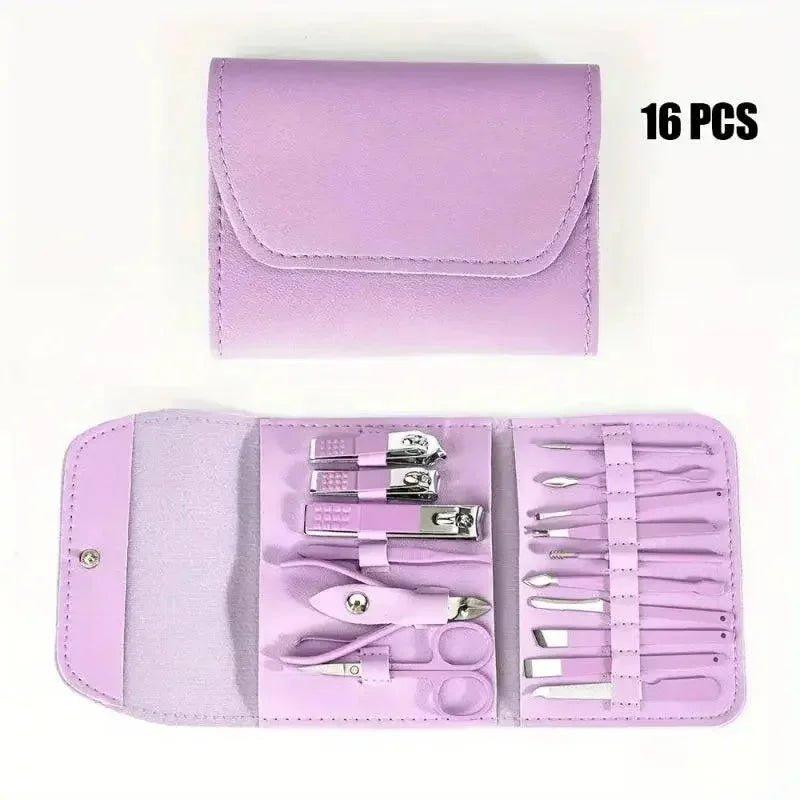 16-piece purple manicure set with nail clippers, scissors, and tools in portable case