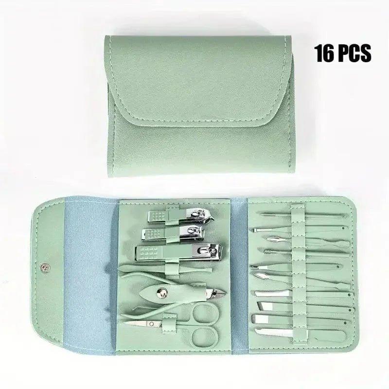 16-piece manicure set with mint green case, nail clippers, scissors, and tools for women's beauty care
