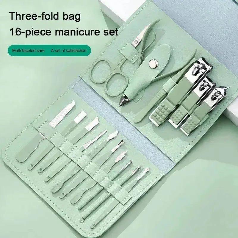 16-piece manicure set in mint green three-fold bag for women's nail care and beauty routines