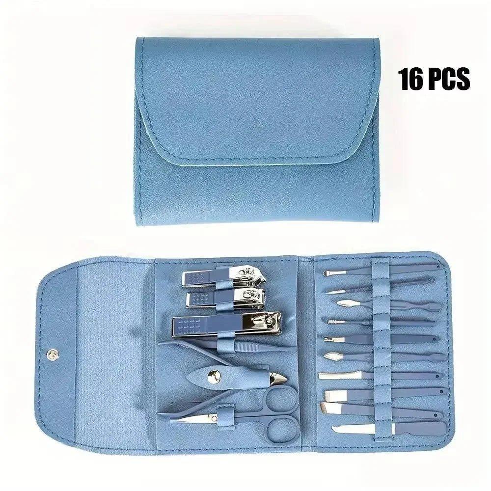 16-piece blue manicure set with nail clippers, files, and tweezers in portable case