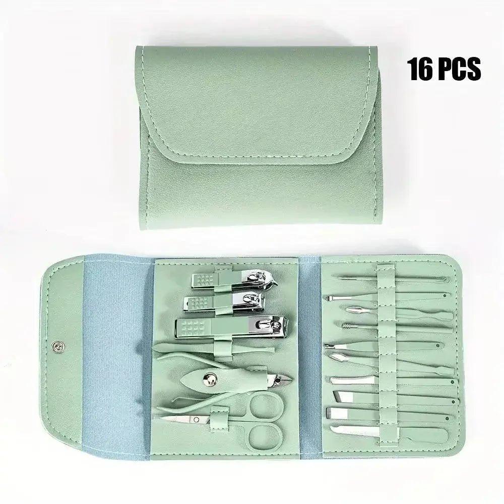 16-piece manicure set with mint green case, nail clippers, scissors, and tools for women's beauty care