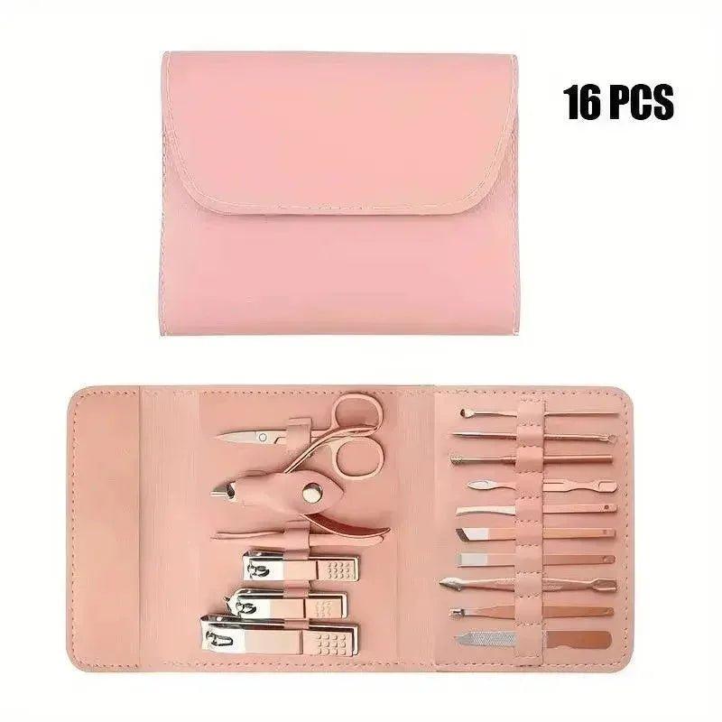 16-piece pink manicure set with nail clippers, scissors, and tools in portable case