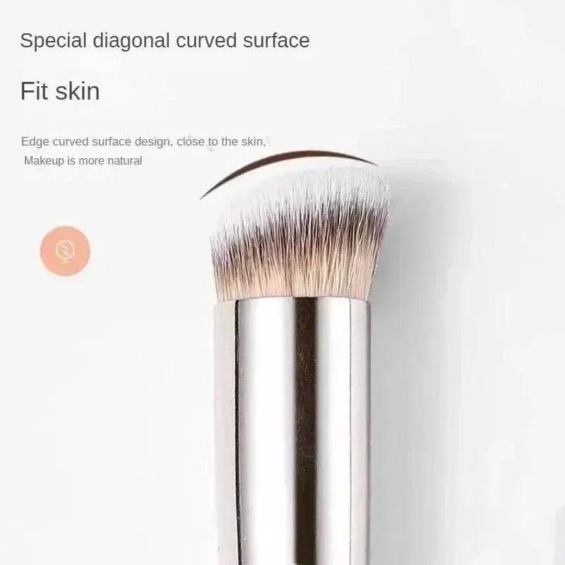Diagonal curved makeup brush with soft bristles for natural skin application