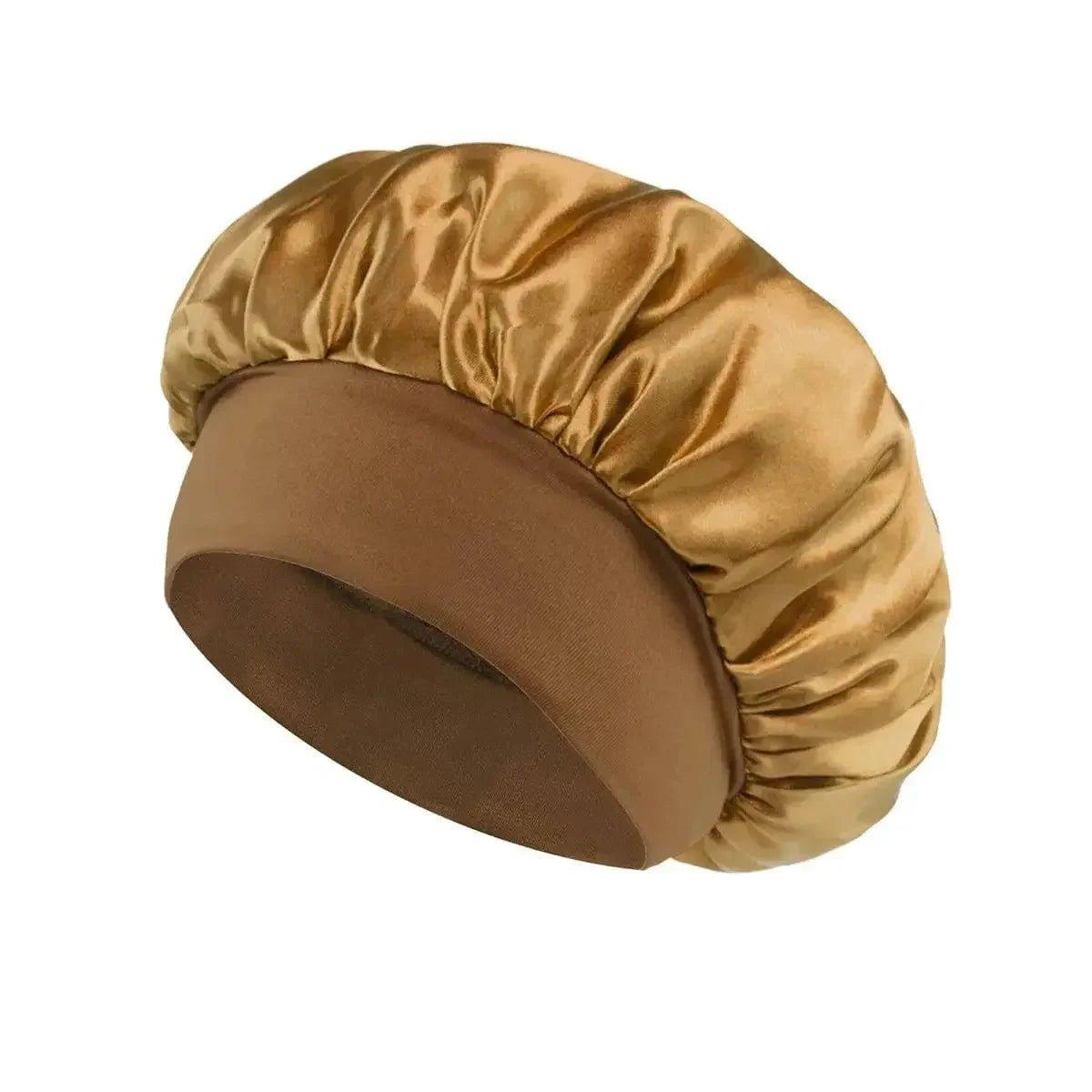 Luxury satin sleep cap for women, golden hue with stretchy brown band, ideal for hair care and beauty routines