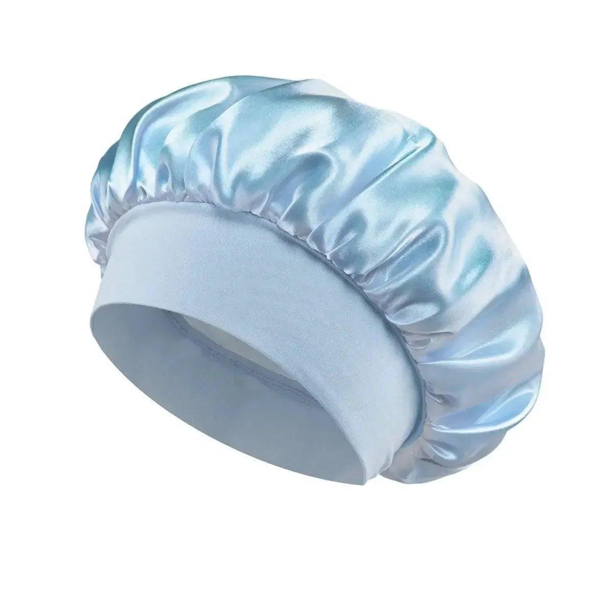 Light blue satin sleep cap for women, soft hair protection, beauty and fashion accessory