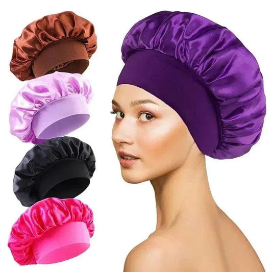 Purple satin bonnet for women, shown with brown, lavender, black, and pink options — ideal for hair care and beauty routines.