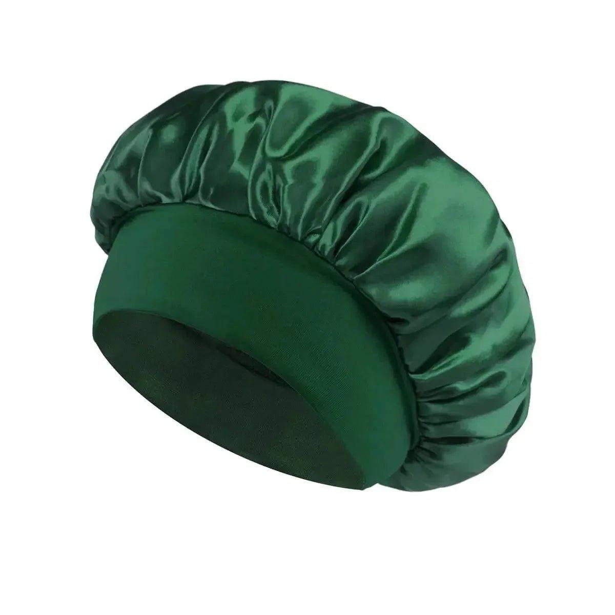 Emerald green satin sleep bonnet for women, soft hair care accessory, beauty fashion essential