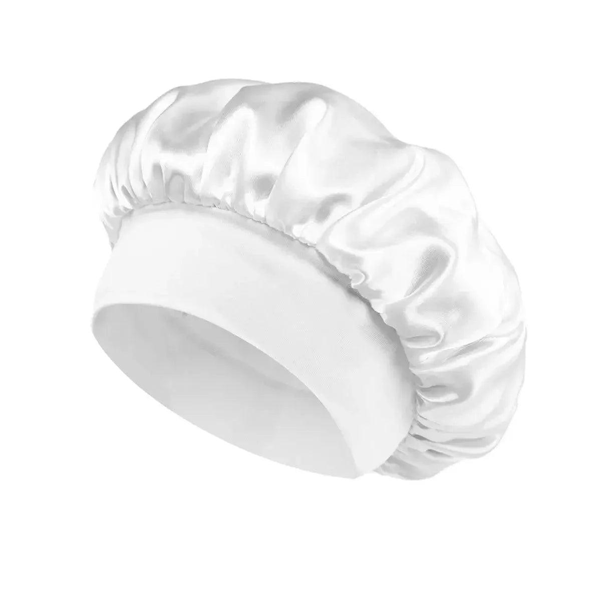 White satin sleep bonnet for women, soft hair protection during beauty rest
