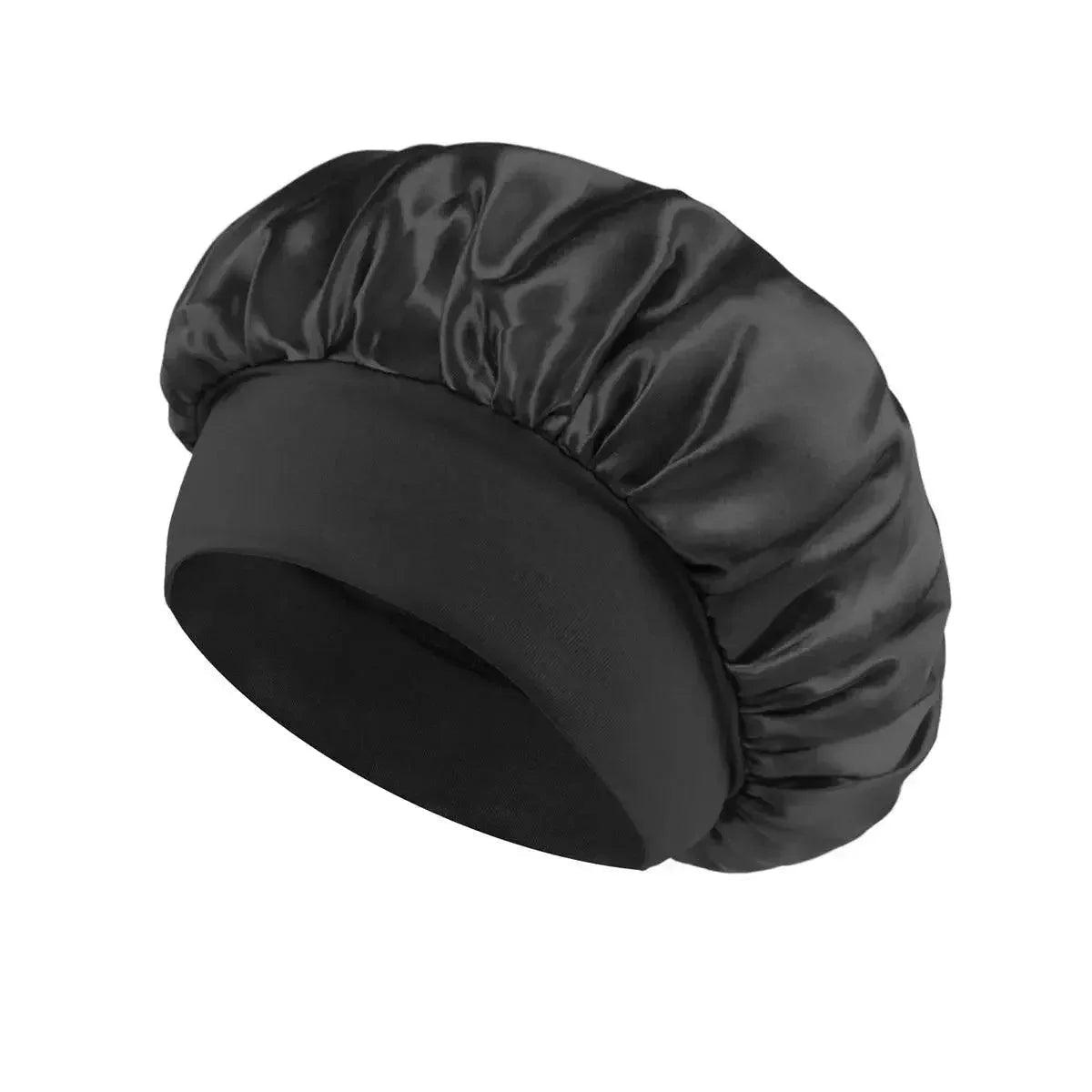 Black satin sleep bonnet for women, soft hair care accessory, beauty fashion essential