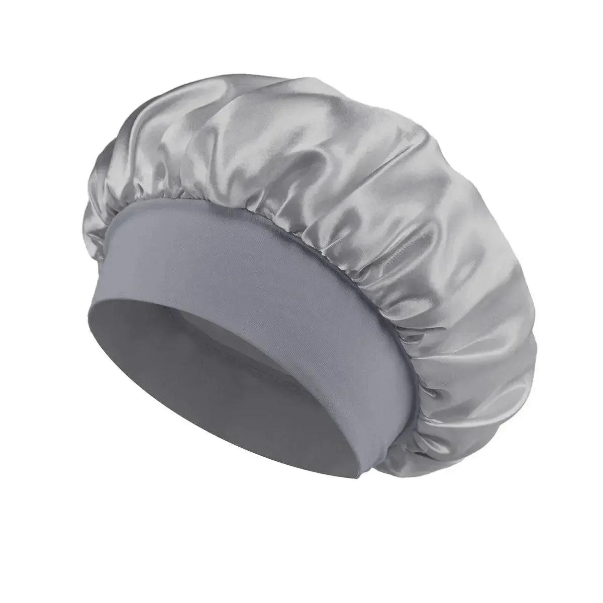 Gray satin sleep cap for women, soft hair care bonnet with elastic band