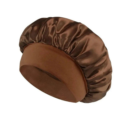 Brown satin sleep bonnet for women's hair care and fashion