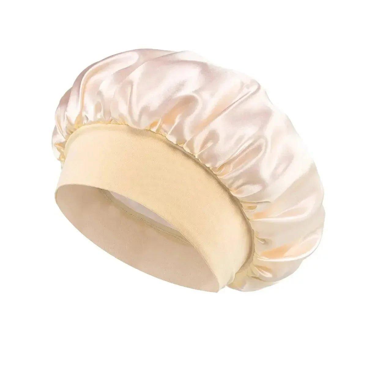 Cream satin sleep cap for women, soft hair protection, beauty fashion accessory