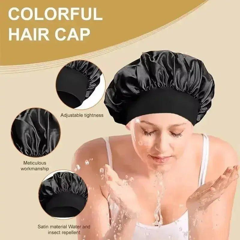 Black satin hair cap for women, adjustable, water-repellent, protects hair during skincare routine