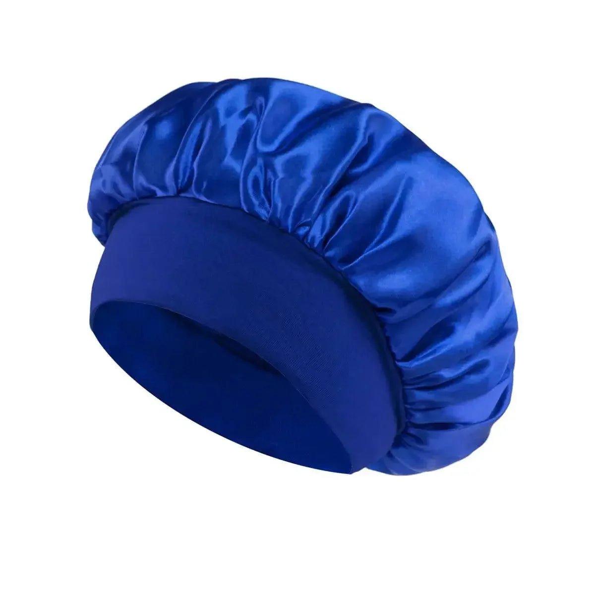 Royal blue satin sleep bonnet for women, soft hair care accessory, beauty fashion essential
