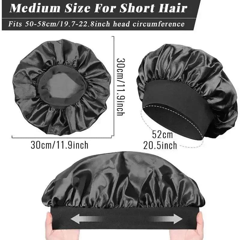 Black satin bonnet for short hair, medium size 30cm, soft sleep cap with elastic band