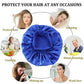 Blue satin bonnet for protecting hair while sleeping, cooking, cleaning, makeup, or washing face