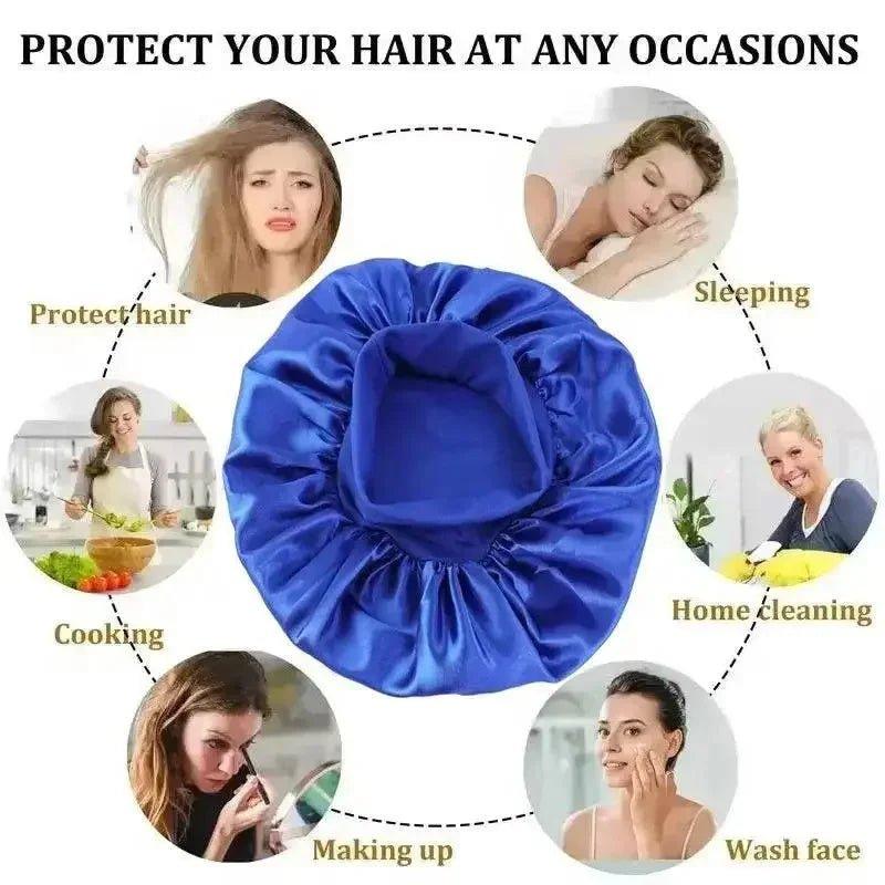 Blue satin bonnet for protecting hair while sleeping, cooking, cleaning, makeup, or washing face