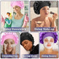 Women wearing satin bonnets for sleep, beauty, makeup, and housework – ideal for hair care and fashion