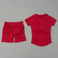 Red women's fashion set: short-sleeve top and ruched shorts for casual wear