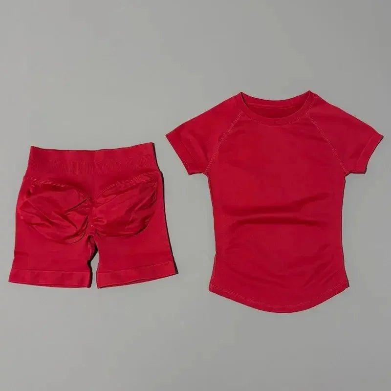 Red women's fashion set: short-sleeve top and ruched shorts for casual wear