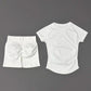 White women's athletic set: short-sleeve top and padded shorts for fitness or casual wear