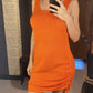 Orange knit sleeveless dress with side ruching, women's fashion