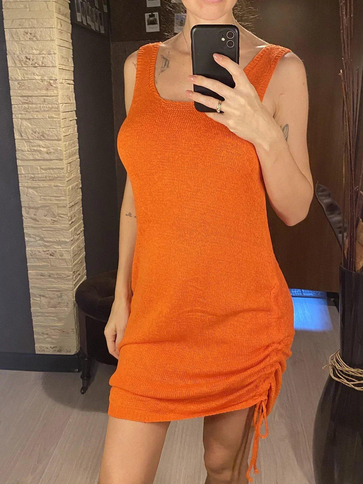 Orange knit sleeveless dress with side ruching, women's fashion