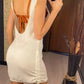 White backless knit dress with brown tie straps, stylish summer women's fashion
