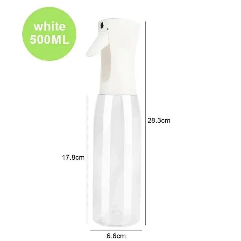 White 500ML spray bottle with dimensions, clear plastic body and white pump