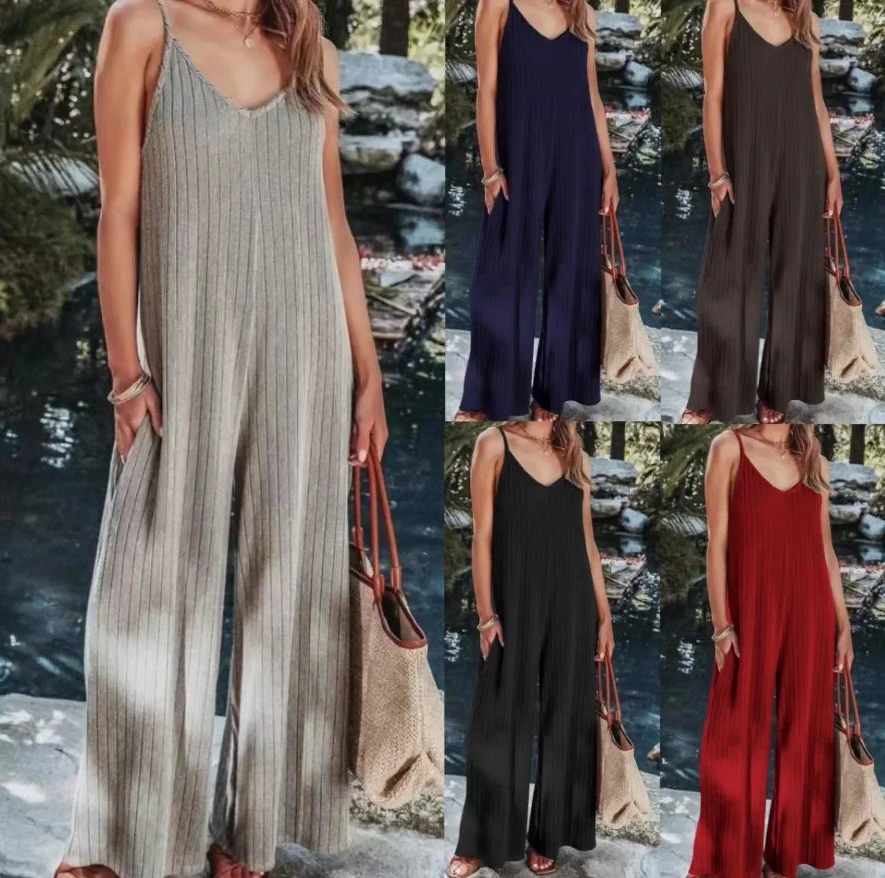 Women's ribbed wide-leg jumpsuits in multiple colors, perfect for summer fashion and casual outings.
