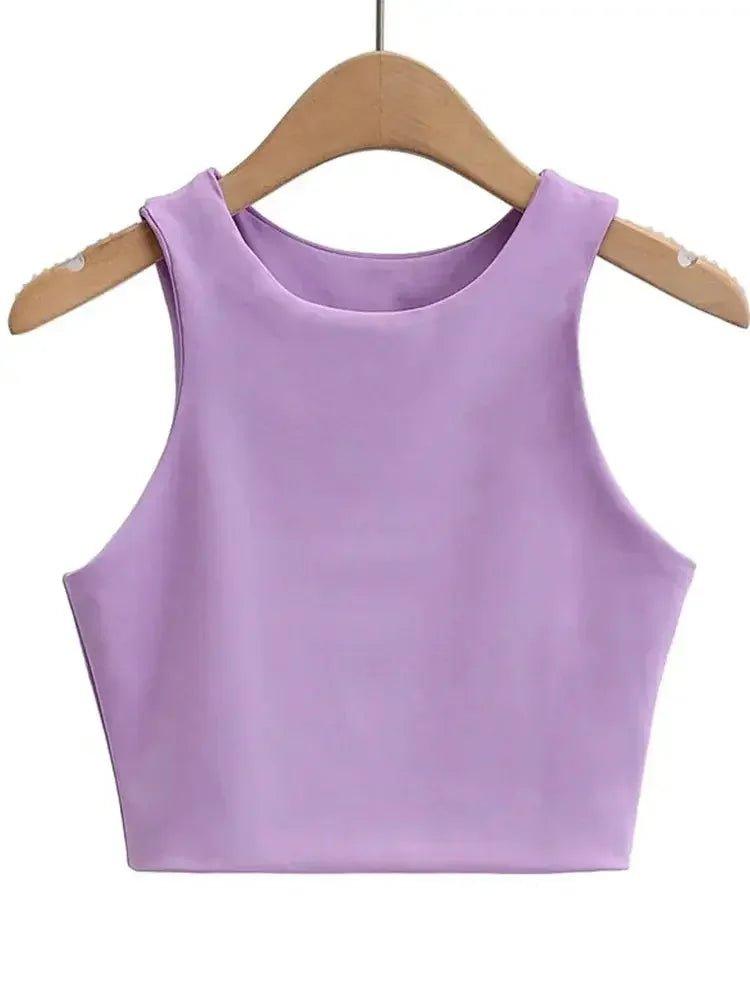 Lavender sleeveless crop top for women, stylish fashion tank top on wooden hanger