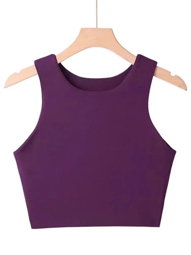 Purple sleeveless crop top for women, stylish fashion blouse on hanger