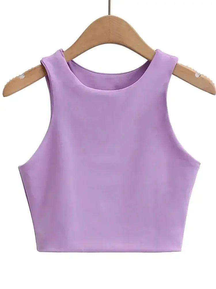 Lavender sleeveless crop top for women, stylish fashion blouse on wooden hanger