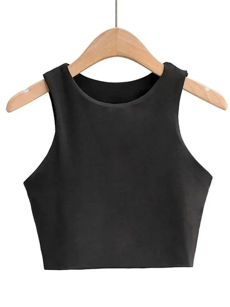 Black sleeveless crop top for women, stylish fashion tank on wooden hanger