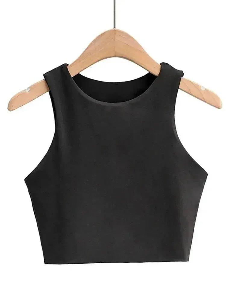 Black sleeveless crop top for women, stylish fashion essential on wooden hanger