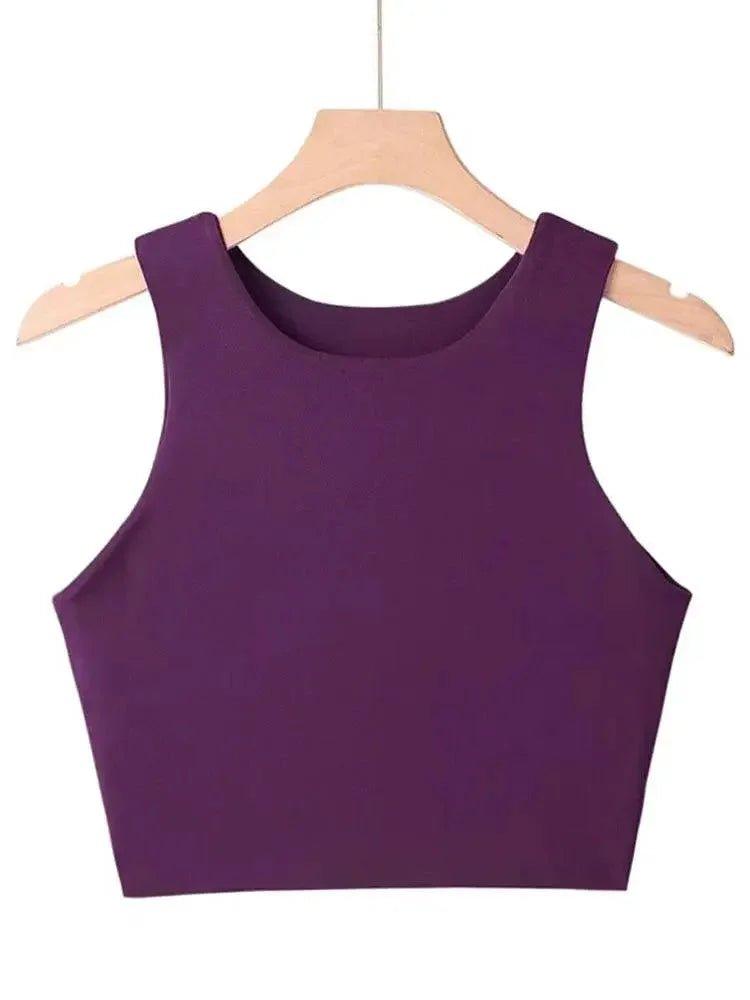Purple sleeveless crop top for women, stylish fashion tank top on hanger