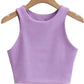 Lavender sleeveless crop top for women, stylish fashion essential on wooden hanger