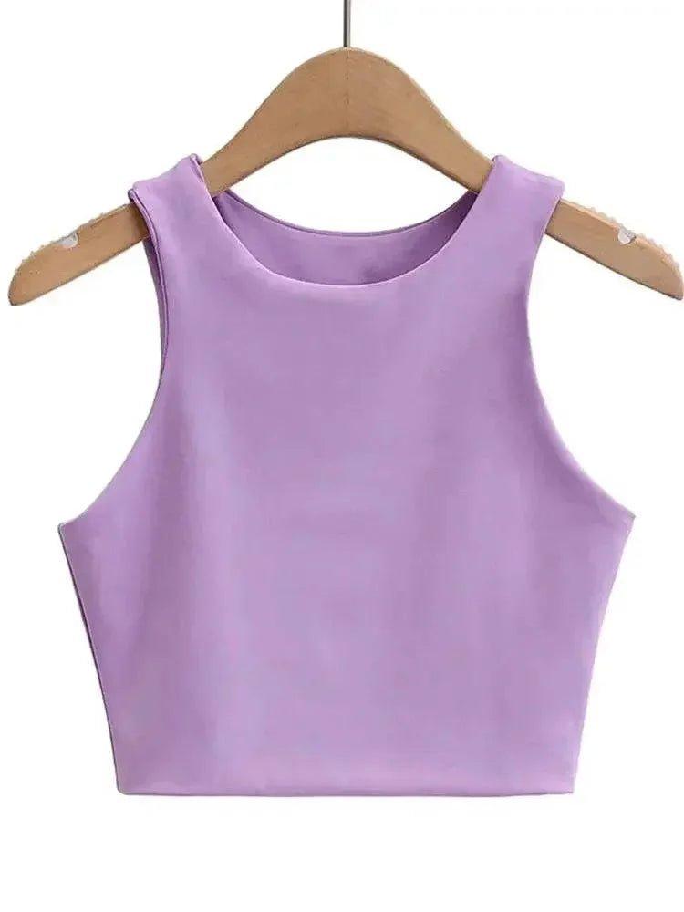 Lavender sleeveless crop top for women, stylish fashion essential on wooden hanger