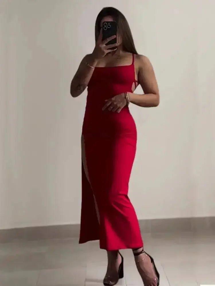 Red sleeveless midi dress with side slit, perfect for women’s fashion and evening wear