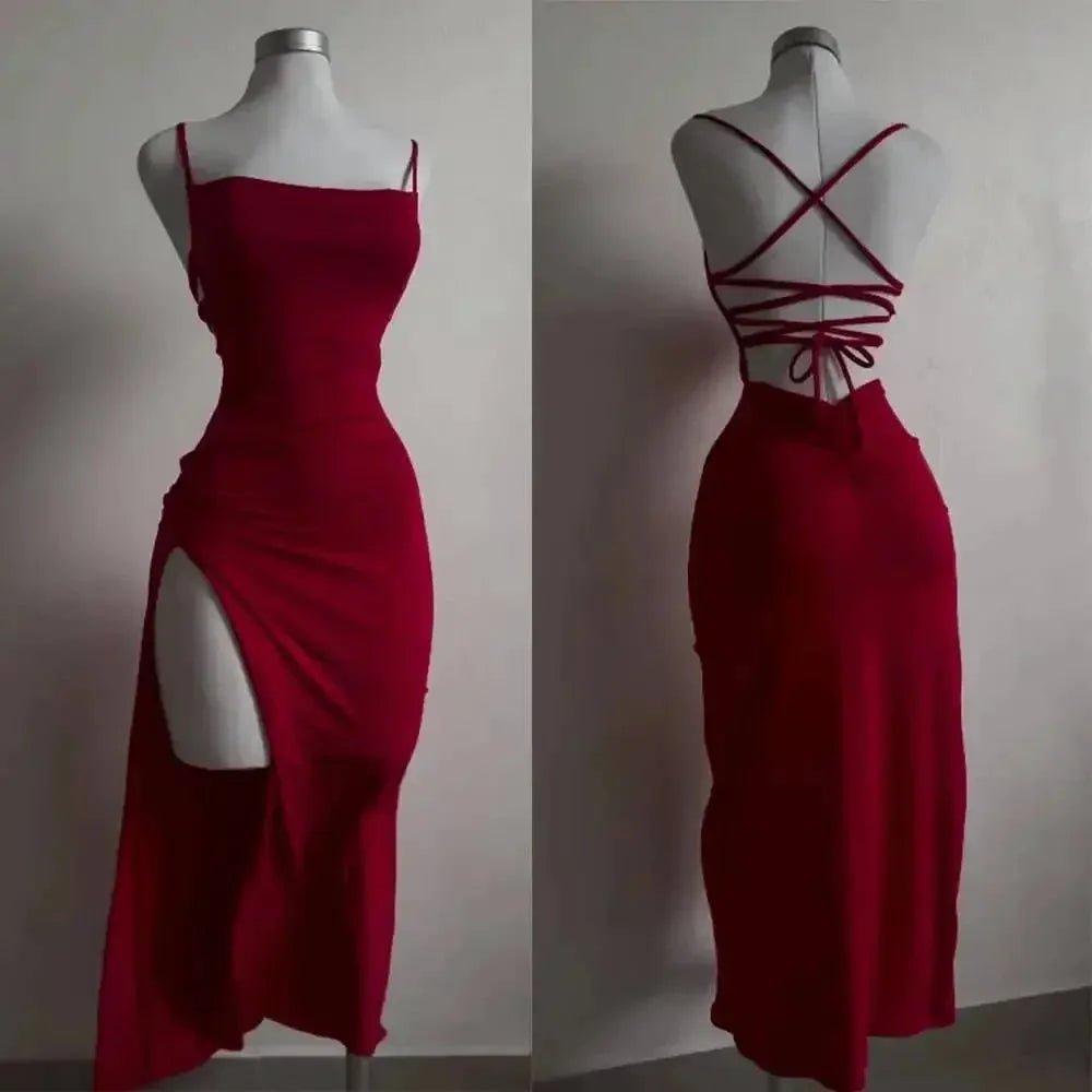 Red backless dress with crisscross straps and side slit, women's fashion