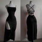 Black strappy backless dress with side slit, elegant women's fashion