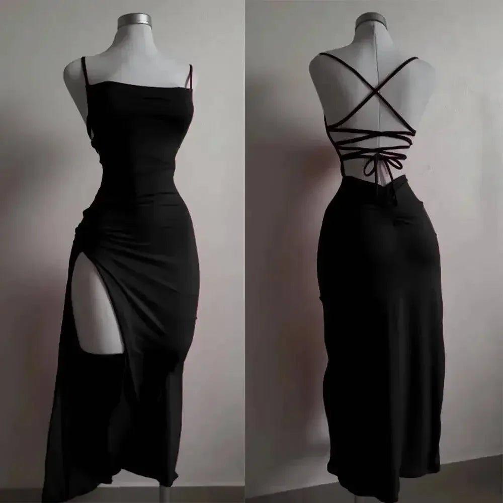 Black strappy backless dress with side slit, elegant women's fashion