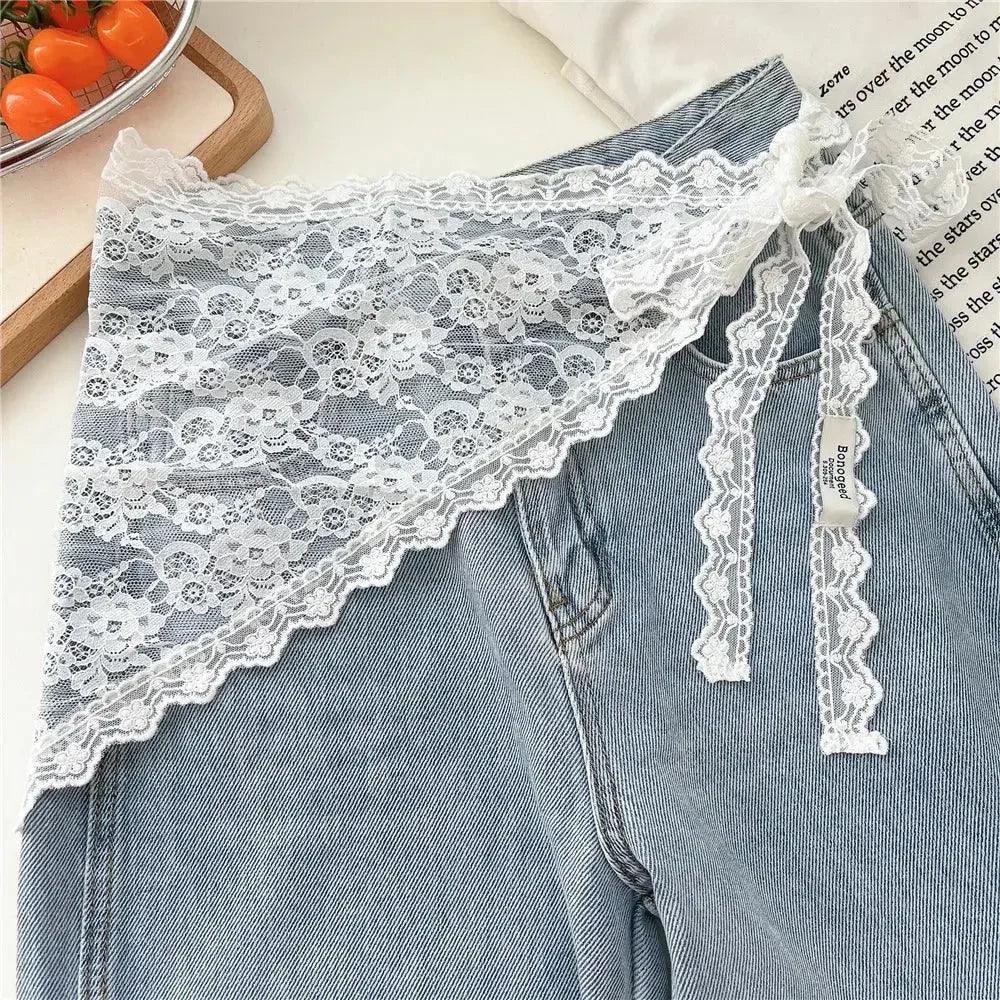 White lace trim tie detail on denim shorts for women's fashion